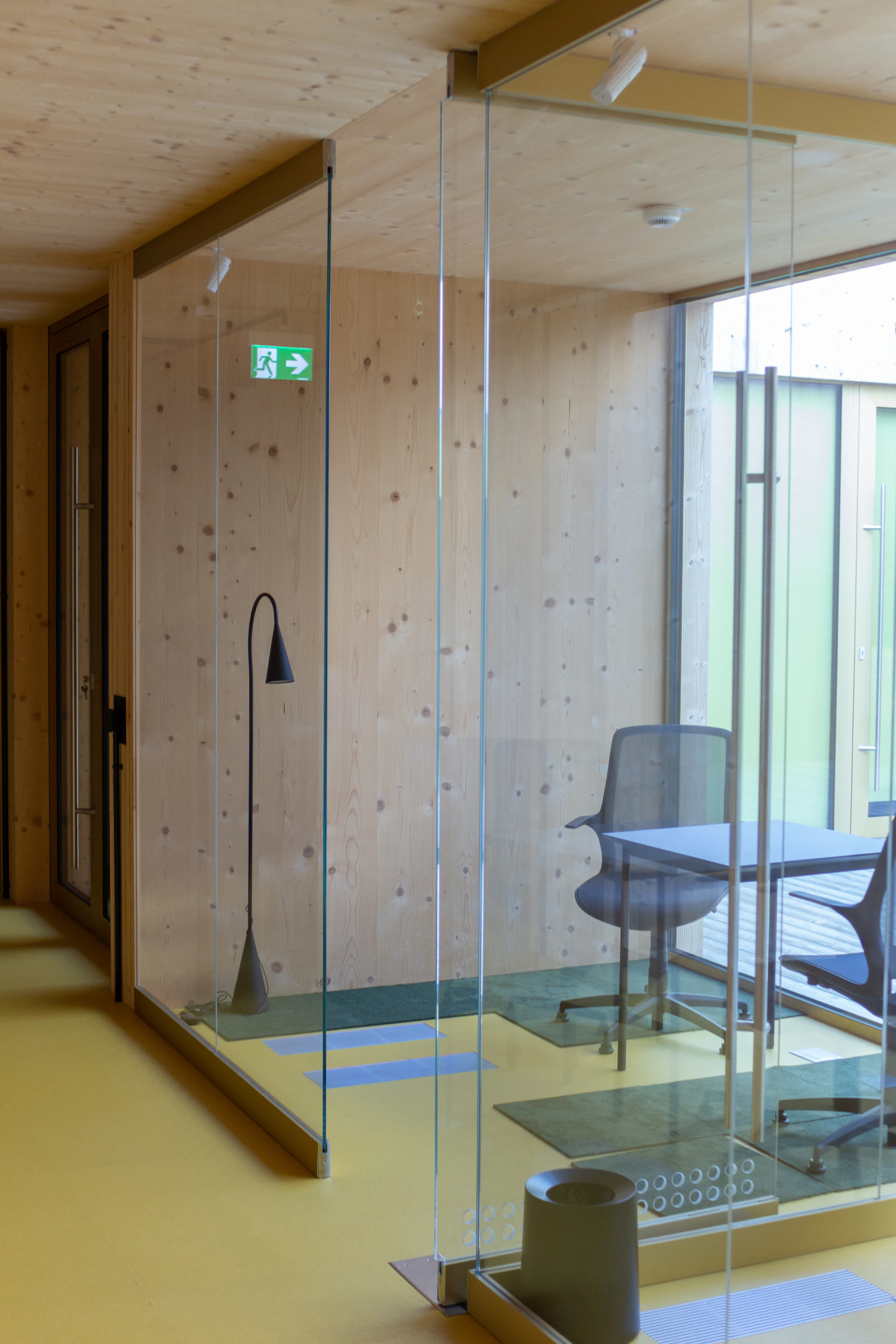 Architectural glass walls with reflections and warm timber finishes